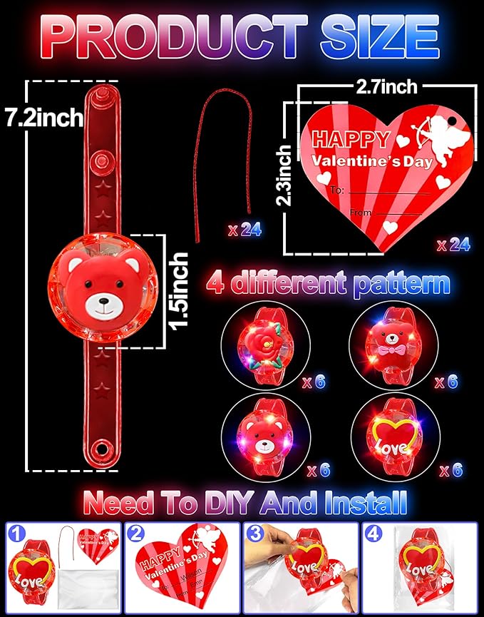 AMENON 24 Pack Valentines LED Bracelets Valentine Gifts Toys Party Favor for Kids Valentine Day Cards Heart with Flashing Light Up Bracelets Glow in the Dark for Valentine Classroom School