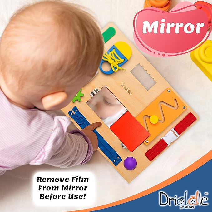 Busy Board - Wooden Montessori Activity Board for Toddlers & Kids - 12 Educational Sensory Toys to Learn Basic Life Skills & Develop Fine Motor Skills + Baby Mirror