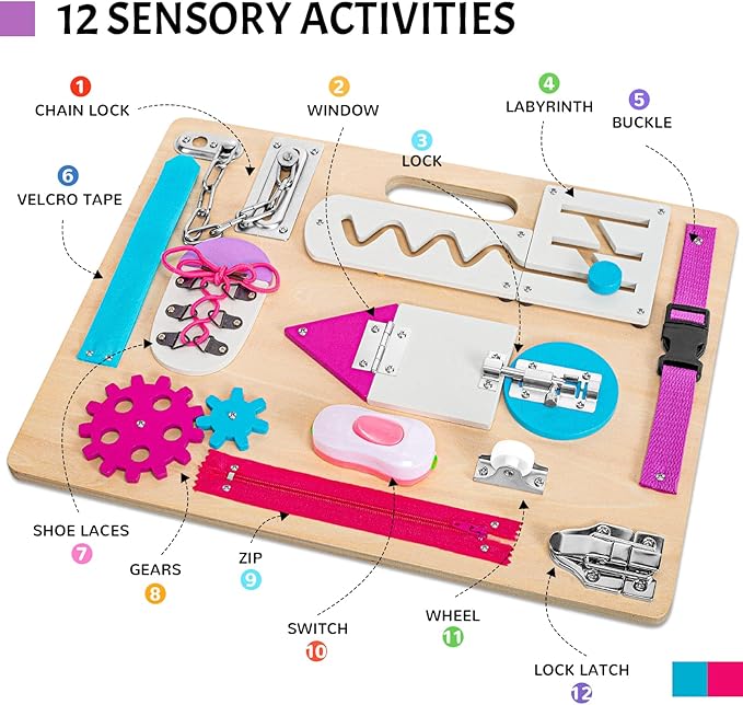 Toddler Montessori Busy Board with LED Light, Montessori Toys for Kids 1 2 3 Year Old, Baby Sensory Board with Light Switches, Preschool Learning Activity, Wooden Travel Toys, Christmas Birthday Gift