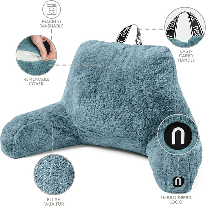 Nestl Fur Reading Pillow, Stylish Back Pillow for Bed Sitting Up, Faux Fur Bed Chair Pillow with Arms, Reading Pillows for Sitting in Bed Adult & Kids, Back Support Pillow for Bed Rest - Stone Blue
