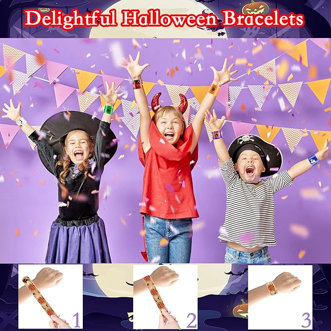 48Pcs Halloween Party Favors Slap Bracelets Trick or Treat Favors for Kids and Classes Treats for Children Halloween Bracelets Halloween Goodie Bag Fillers Halloween Toys for Kids
