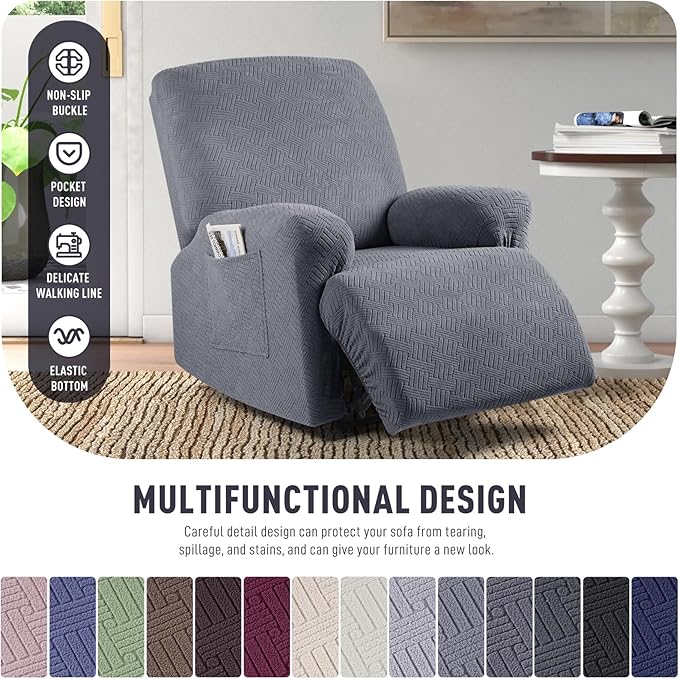 KinCam Recliner Covers, Stretch Reclining Chair Covers, Recliner Sofa Slipcovers Stripe Jacquard Recliner Couch Covers Furniture Protector Covers for Pet Kid (1 XL Seater, Dark Gray)