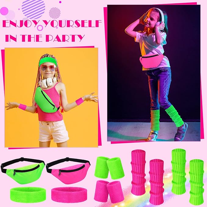 Giegxin 2 Set 80s Leg Warmers Set for Girls Kids Neon Ribbed Knit Leg Warmers Fitness Headband Wristbands for Cosplay Party