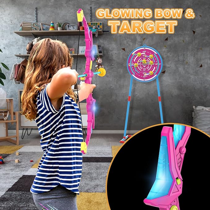 2 Pack Kids Bow and Arrow Set with LED Flash Lights, 14 Suction Cup Arrows and Standing Target-Perfect Indoor and Outdoor Archery Set Toy Gift for Boys and Girls Ages 4-12