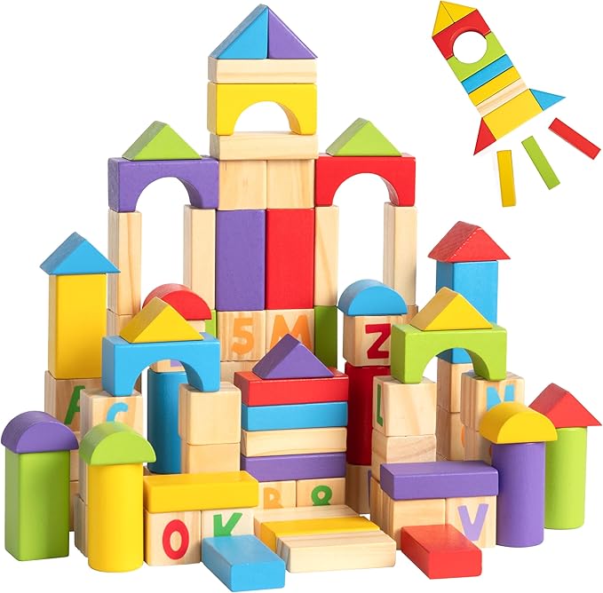 Alphabet Number Wooden Building Blocks Set -100 Blocks in 5 Water Paint Colors and 7 Shapes. Preschool Montessori Kids Baby Toys. Stacking Learning Toys for Toddlers. Age 18 Months +