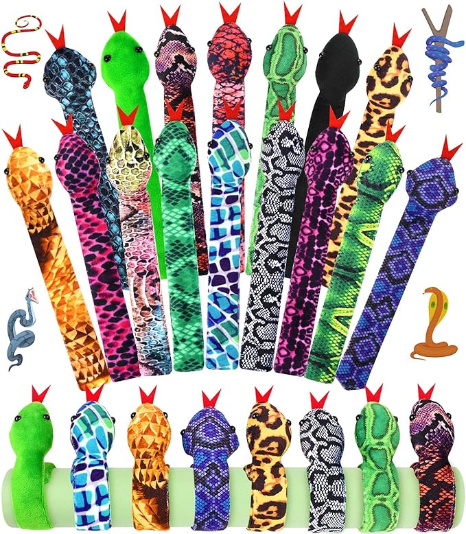 16Pcs Snake Slap Bracelets, Reptile Party Favors Snake Snap Bracelet Fuzzy Animal Slap on Bracelet for Kids Reptile Birthday Party Supplies Christmas Gifts