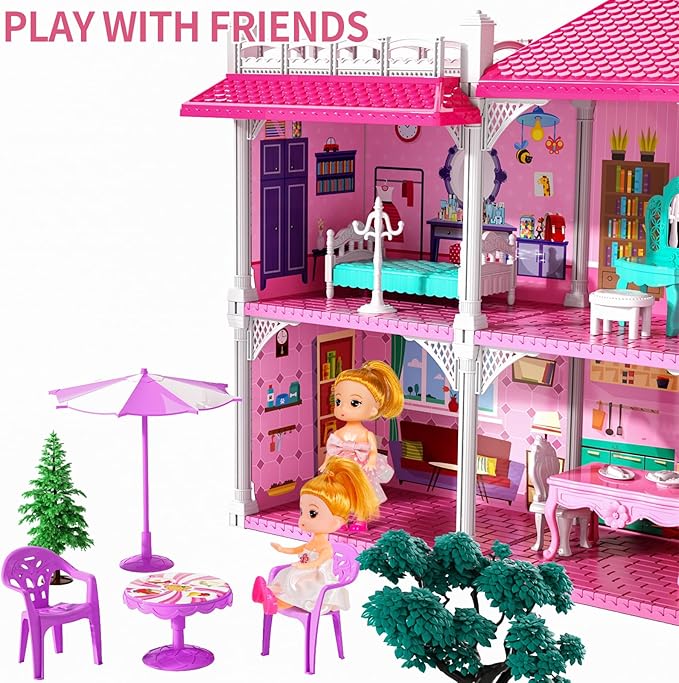 TEMI Villa Toys for 3 4 5 6 7 8 Years Old Girls - 4 Storeys 12 Rooms, Indoor Playset with 2 Dolls Toy Figures, Toys Furniture and Accessories, Pretend Girls Plays, Building Toys, Gifts Toy