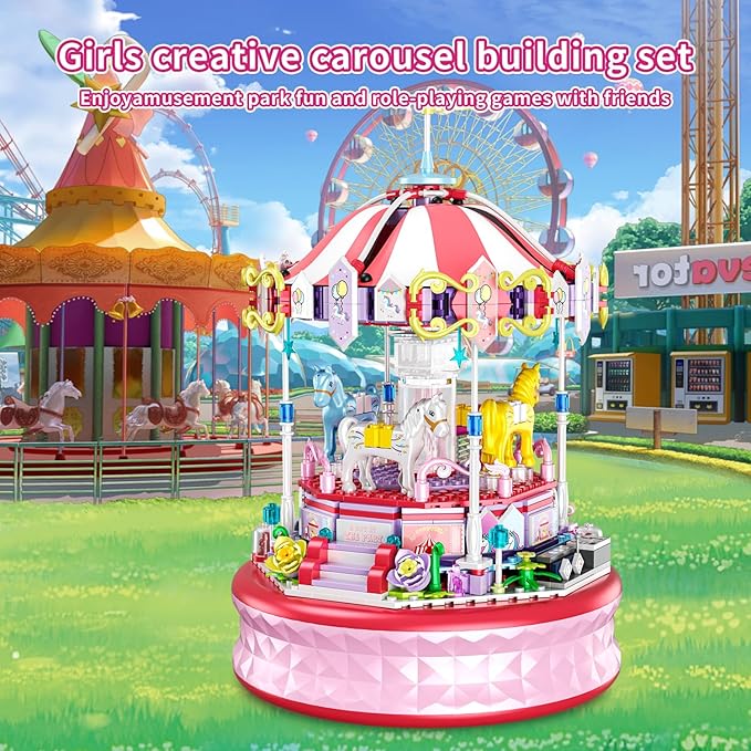 591 Piece Mini Music Box Building Block Set,Rotating Carousel DIY Building Toy,Girl Amusement Park Building Block Kit,STEM Educational Toys,Christmas Birthday Gifts for Girls Boys Ages 6-12+
