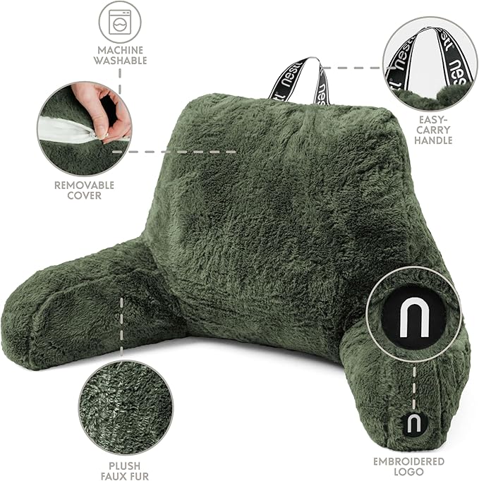 Nestl Fur Reading Pillow, Stylish Back Pillow for Bed Sitting Up, Faux Fur Bed Chair Pillow with Arms, Reading Pillows for Sitting in Bed Adult & Kids, Back Support Pillow for Bed Rest - Olive Green