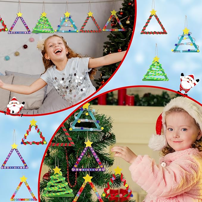30 Sets Christmas Craft Kits for Kids DIY Stick Christmas Tree Ornaments Decoration Craft Stick Hairball Button Christmas Tree Sticker for Kids Holiday Classroom Activities Party Favors