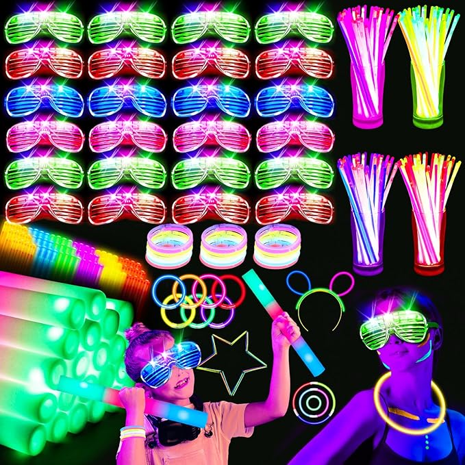 248 PCS Glow Party Supplies,New Year Party Favors 24PCS Foam Glow Sticks, 24PCS LED Glasses and 200PCS Glow Sticks Bracelets, Neon Party Favors for Glow Party, Wedding,Concert,Raves and Birthday