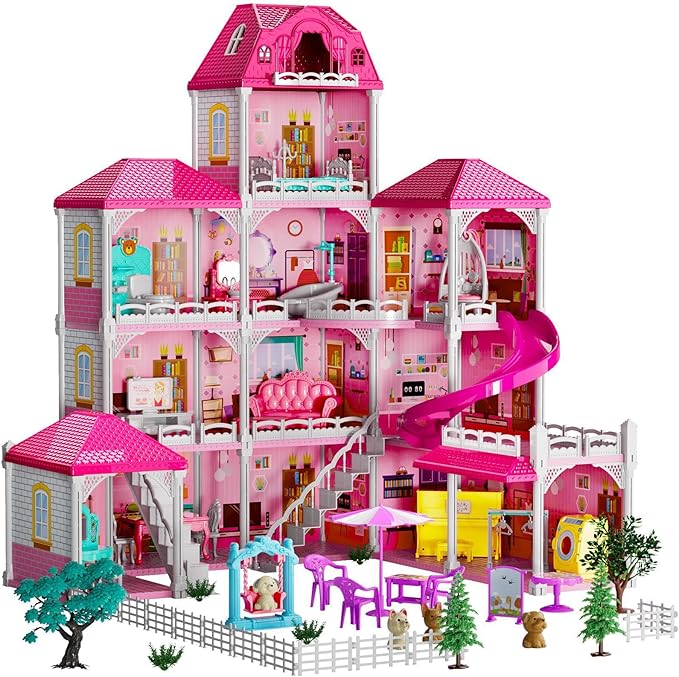 TEMI Villa Toys for 3 4 5 6 7 8 Years Old Girls - 4 Storeys 12 Rooms, Indoor Playset with 2 Dolls Toy Figures, Toys Furniture and Accessories, Pretend Girls Plays, Building Toys, Gifts Toy