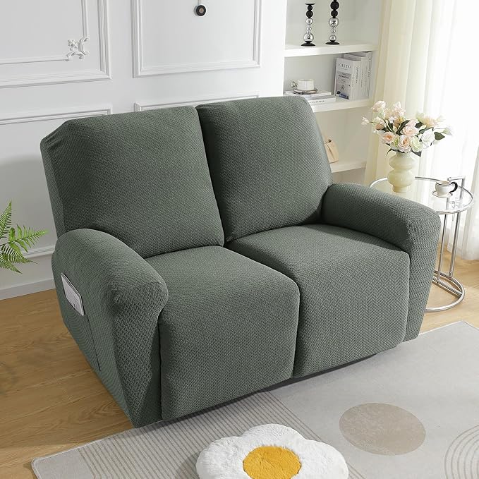 JIVINER 6-Piece Loveseat Recliner Slipcover Stretch Jacquard Recliner Sofa Cover 2 Seater Washable Reclining Couch Cover with Pocket Fitted Furniture Protector Cover (Loveseat Recliner, Army Green)