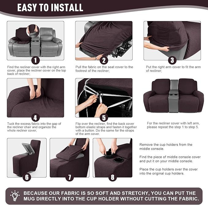KinCam Loveseat Recliner Covers with Middle Console Slipcover, Recliner Sofa Covers 2 Seat Couch Cover Stripe Jacquard Furniture Protector Covers with Elastic Bottom for Kids, Pets (Chocolate)