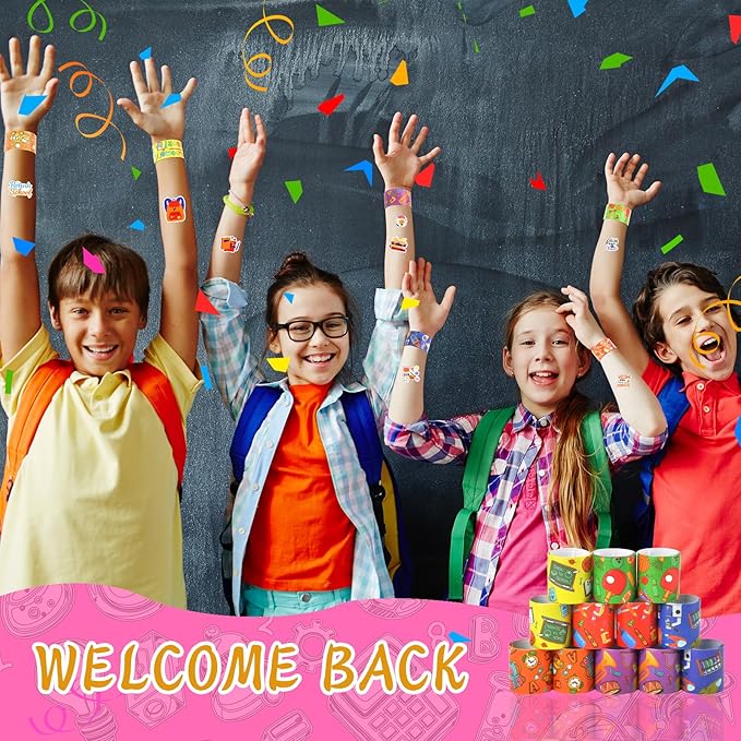 48 Pcs Back to School Slap Bracelets and 50 Pcs Party Stickers with Student Study Theme Slap Bracelets Wristbands for First Day of School Decorations, Classroom Rewards, Kid Birthday Gifts