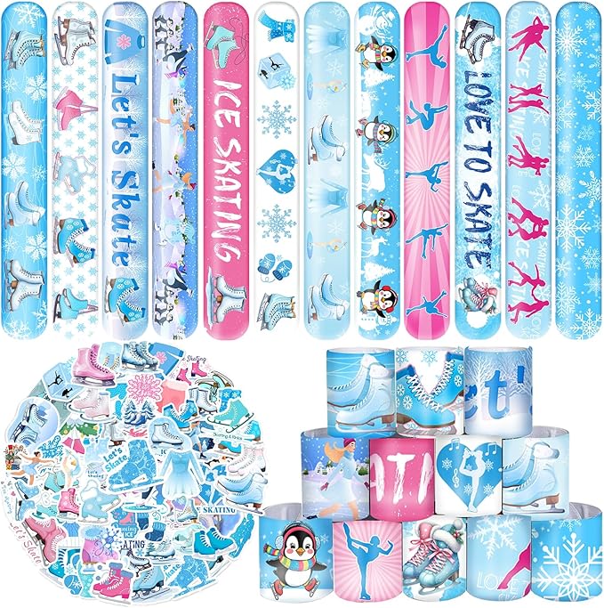 74 PCS Ice Skating Skate Party Favors, 24 PCS Ice Skating Slap Bracelets, 50 PCS Ice Skating Stickers Winter Ice Skating Birthday Party Decorations Supplies for Kids Boys Girls