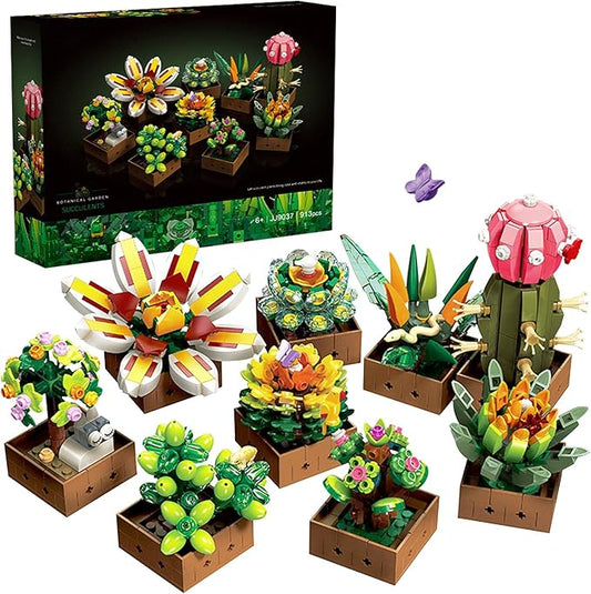 9 Flowers Succulents Botanical Collection Building Set Tiny Succulent Bonsai Plant Toy Compatible with Lego Flowers for Adult Home Décor Ideas Gifts for Boys Girls Women 913 PCS