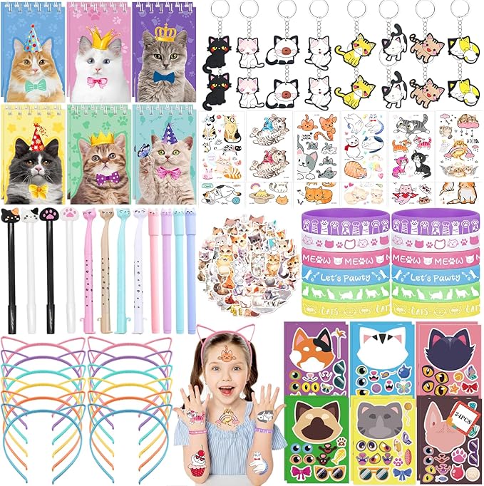 134Pcs Cat Party Favors Set for Kids Cat Themed Birthday Party Supplies With Cat Headband Spiral Notepads Pens Keychains Tattoo Cat DIY Face Stickers Silicone Bracelets Cat Favors for Girls Kids Party