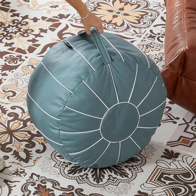 Louis Donné 21 Inch Unstuffed Moroccan Pouf Ottoman Cover, Handmade Faux Leather Foot Stool, Round Storage Poof Cover, Exotic Décor for Living Room Bedroom or Wedding Gifts (Blue)