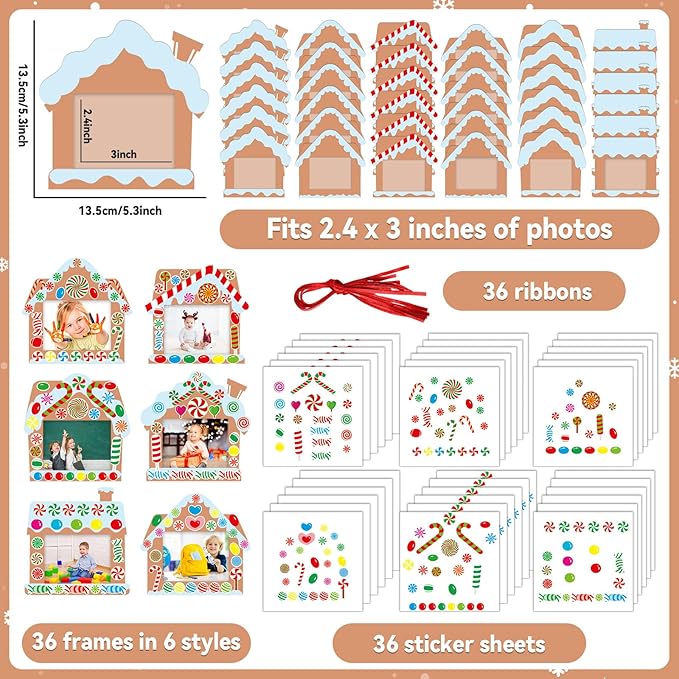 Qyeahkj 36 Packs Christmas Picture Frame Craft Kits for Kids, DIY Christmas Candy with Gingerbread House Peppermint Crafts for Holiday Xmas Photo Frames Art Favor Home Classroom Game Activities
