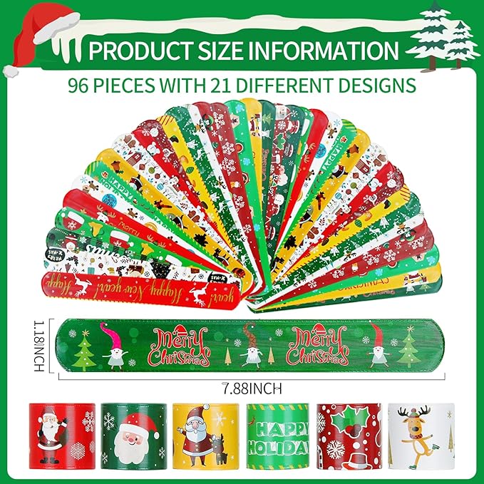 96 PCS Christmas Party Favors for Kids Bulk，Treats Bags Slap Bracelets Holiday Slap Bracelet Trinkets for kids School Classroom Students ，Goody Goodies Bag Stocking Stuffers Gifts Toys Xmas Gift