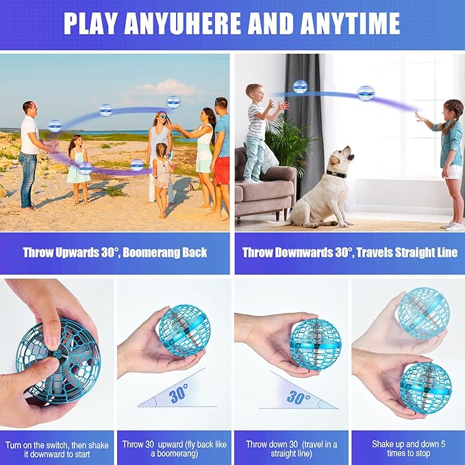 2025 Flying Orb Ball Toy, Galaxy Boomerang Hover Ball Led Lights Mini Drone Globe Hand Controlled Flying Ball Toys Cool Toys Gift for 6 7 8 9 10+ YearOld Boys Girls Teens Outdoor Toys(Blue)