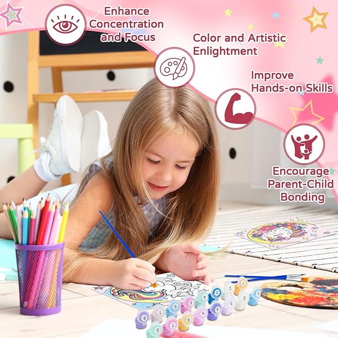 6 Pack Unicorn Paint by Numbers for Kids - Glow in The Dark Predrawn Canvas, Arts and Crafts with 50 Paints,12 Brushes 2 Easels, DIY Acrylic Oil Painting Kits for Boys Girls Beginners, Home Wall Decor