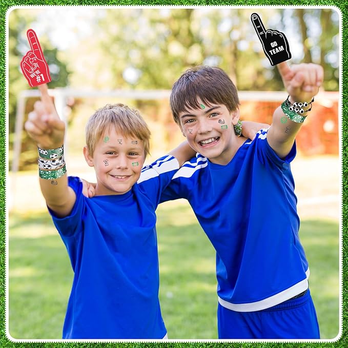 Aoriher 120 Pcs Soccer Sports Party Favors Set Serve 24, Soccer Goodie Bulk Foam Finger Mini Stress Ball Slap Bracelet Charm Bracelet Stamp for Girl Boy Kids Soccer Theme Party Supplies