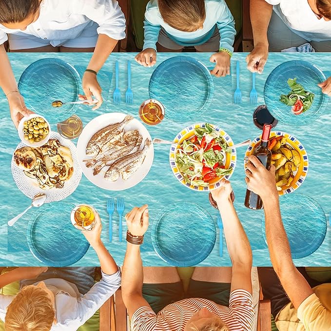 gisgfim Ocean Sea Birthday Party Supplies Ocean Waves Party Tableware Includes Ocean Birthday Party Plates Napkins Fork and Ocean Sea Theme Tablecloth for Birthday Parties Decorations Set Serve 20