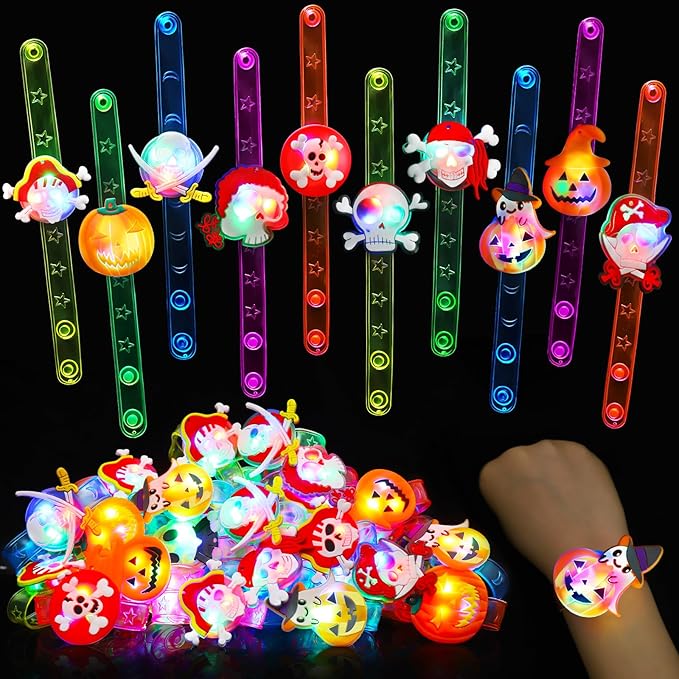 24 Pack Halloween Christmas Stocking Stuffers Christmas Party Favors Gifts for Kids, Light Up Bracelets Birthday Goodie Bags Stuffers Kids Classroom Prizes, Glow in the Dark New Year Party Supplies