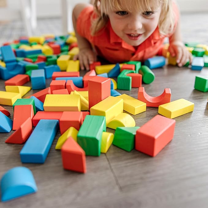 Melissa & Doug Wooden Building Block Set - 200 Blocks in 4 Colors & 9 Shapes