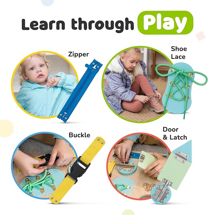 Montessori Busy Board for Toddlers, Wooden Sensory Toddler Busy Board with 10 Preschool Learning Activities for Fine Motor Skills, Activity Kids Travel Toy for Boys & Girls, Packaging May Vary