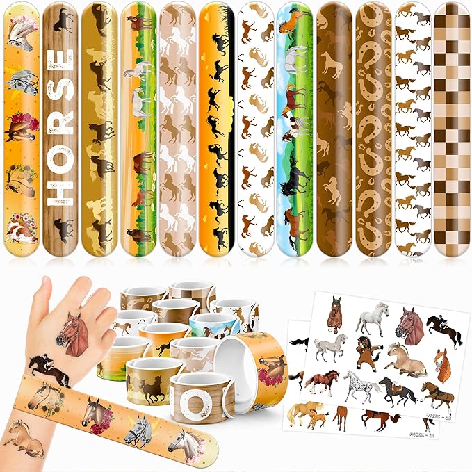 48PCS Horse Party Favors - 24 Tattoos & 24 Slap Bracelets, Perfect for Horse-Themed Birthdays, School Prizes, and Christmas Rewards for Kids