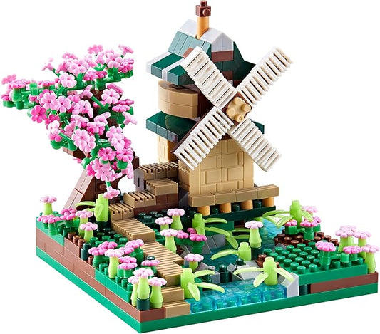 Architecture River Windmill Tree Cute Micro Mini Building Blocks Sets Trees Flowers for Girls, Idea Cherry Blossom Present Toy Model Kit 600+ pcs