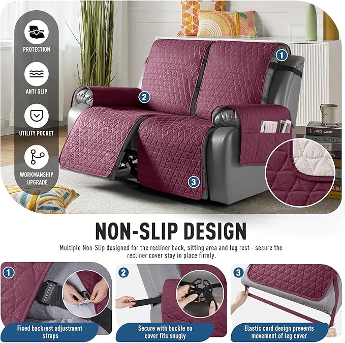 TAOCOCO 100% Waterproof Loveseat Recliner Cover-Recliner Cover with Non-Slip Granule, Recliner Chair Covers with Elastic Band,Washable Recliner Chair/Furniture Protector for Pets(Wine, 2 Seater)