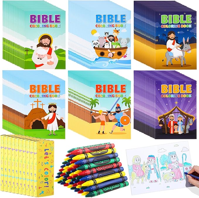 60 Set Bulk Bible Coloring Books with Crayons for Kids Chrismas Verse Religious Drawing Books Bulk Christian Story Activity Supplies, DIY Sunday School Crafts, Bible Party Favors Gifts