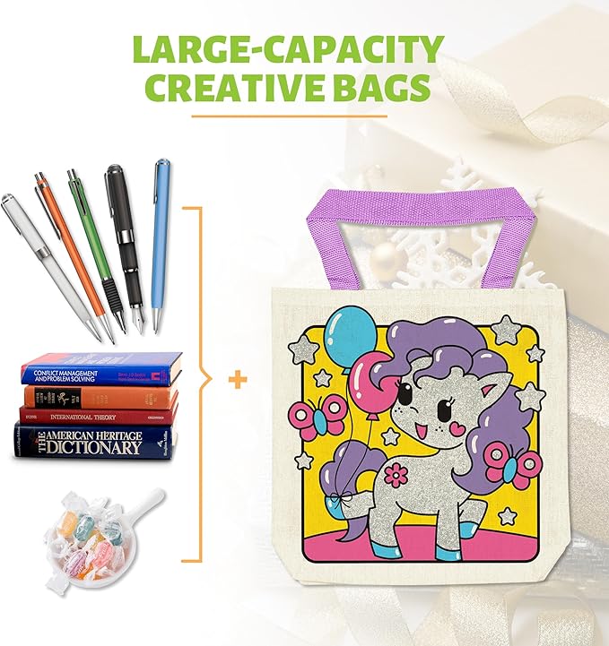 8 Pieces Kids Coloring Goodie Bags, Reusable Canvas Bag, Cute Art Party Favors, Color Your Own Bags for DIY Painting Birthday Carnival Celebration, Party Supplies Gift, Girls and Boys