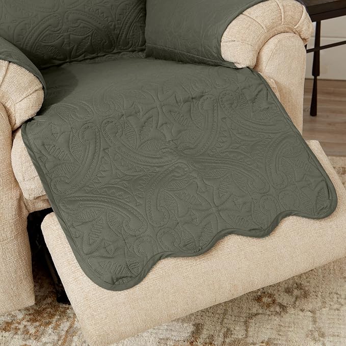 Great Bay Home Medallion Stitched Solid Furniture Protector Stain Resistant Durable Furniture Protector Elenor Collection (Recliner, Sage Green/Light Gray)