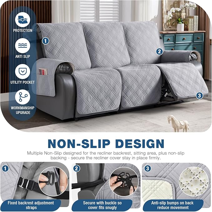 TAOCOCO 100% Waterproof Recliner Couch Cover, Non Slip Split Couch Covers for Reclining Couches with Elastic Straps, Washable Reclining Couch Covers Furniture Protector for Pets(3 Seater, Light Grey)