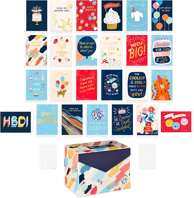 American Greetings 25-Count Birthday Card Assortment with Envelopes, Seals, and Storage Box (Wish Big)