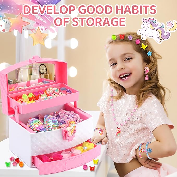 Kids Jewelry for Girls, 68Pcs Toddler Jewelry Toys Princess Dress Up Jewelry Set, Necklaces, Bracelets, Kids Rings, Hair Ties, Hair Clips, Funny Christmas Birthday Gifts for 3 4 5 6 7 8 Year Old Girl