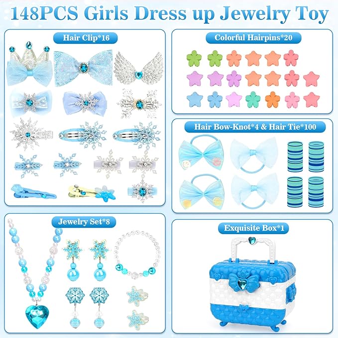 Kids Jewelry Toys for Girls, Toddler Dress Up Toy, Pretend Play Jewelry Set, Princess Jewelry with Snowflake Hair Clips & Hair Ties, for Girls Age 3 4 5 6 7 8 9 10