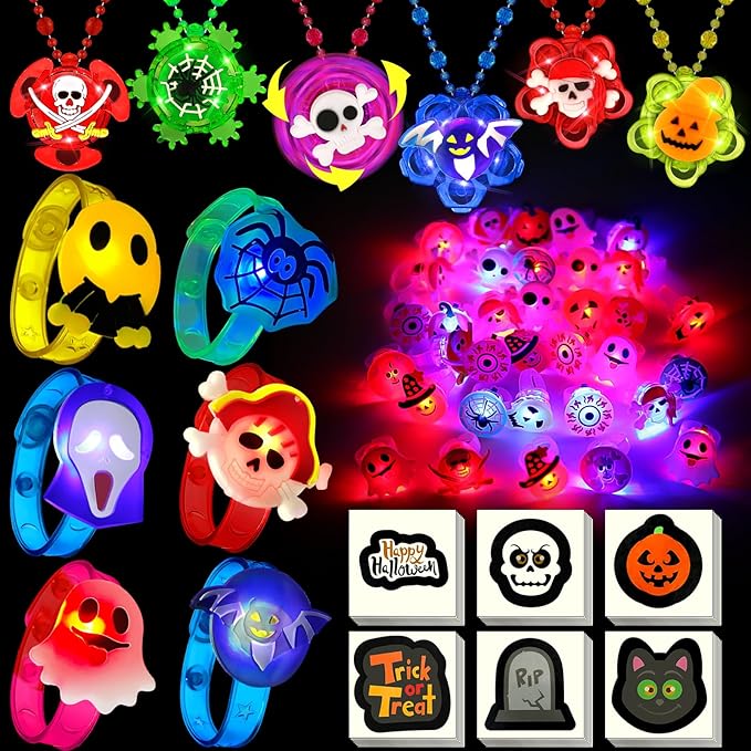 84 PCS Halloween Party Favors for Kids, Halloween Glow in the Dark Toys Rotating Spin Light Up Necklaces LED Rings Bracelets Decorations, Halloween Trick or Treats Goodie Bag Fillers Party Supplies