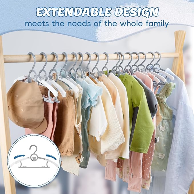 Kids Hangers 80 Pack Baby Hangers, Extendable & Adjustable Kid Hangers， Non-Slip Plastic Baby Clothes Hangers for Kids Infant Child - Stackable Hangers for Baby Clothes Grey Toddler Hangers