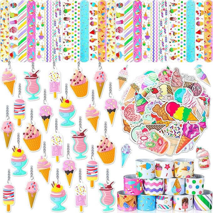 196 Pcs Ice Cream Party Favors Ice Cream Cone Stickers Cute Ice Cream Keychains Ice Cream Slap Bracelet for Ice Cream Theme Birthday Party Sweet Summer Baby Shower Classroom Rewards