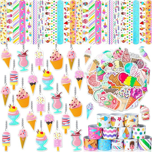 196 Pcs Ice Cream Party Favors Ice Cream Cone Stickers Cute Ice Cream Keychains Ice Cream Slap Bracelet for Ice Cream Theme Birthday Party Sweet Summer Baby Shower Classroom Rewards