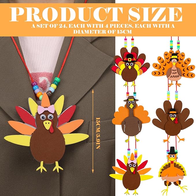 24 Pcs Thanksgiving Turkey Necklaces Kit, Turkey Beaded Necklace Making Kit, DIY for Kids, Thanksgiving Gifts Set for Thanksgiving Party toys Game Activity