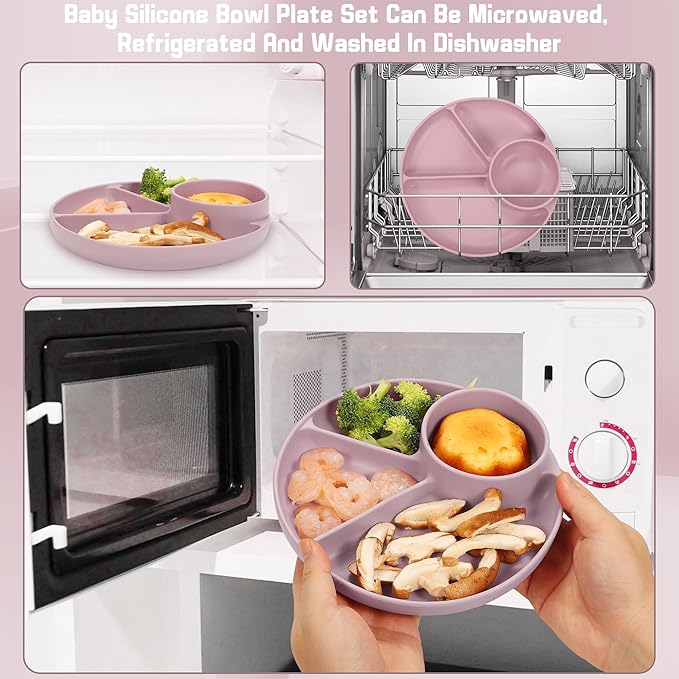 Silicone Baby Feeding Set, Baby Led Weaning Supplies, Silicone Suction Plate, Bowl, Spoons, Fork, Waterproof Bib, Cup and Food Tableware, Eating Utensils Baby Feeding Essentials for 3+ Months