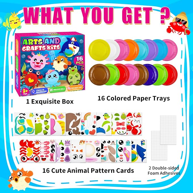 16 Pack Arts and Crafts for Kids, Toddler Crafts Animal Paper Plate Art Kit Gift for 3 4 5 6 Year Old Boys Girls DIY Kids Crafts for Birthday Party Favor Preschool Classroom Party Games