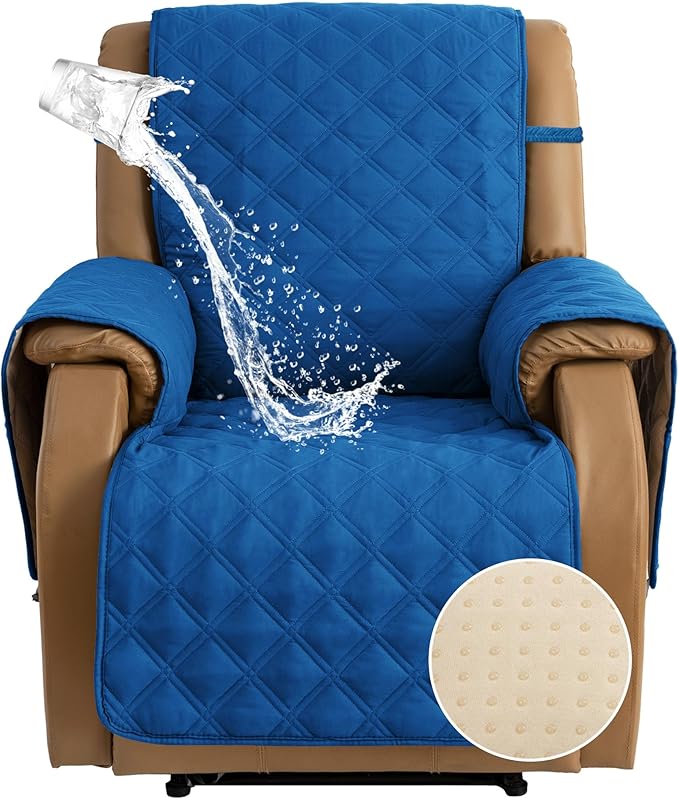 TOMORO Non-Slip Oversized Recliner Cover, 100% Waterproof Quilted Recliner Chair Slipcover Furniture Protector with Pockets, Washable Couch Cover with Elastic Straps for Kids and Pets